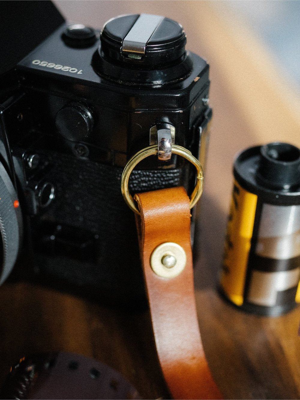 Solid Brass hardware on leather camera strap